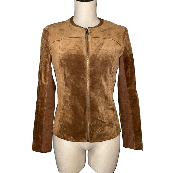 Soia & Kyo Women's Genuine Suede Jacket Size S Zip Up Knit Inset Quiet Luxury - Picture 1 of 10